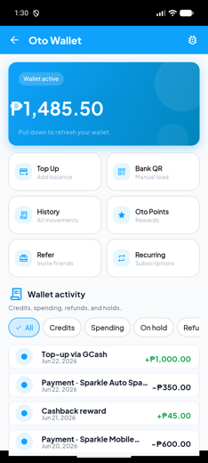 OtoWallet balance and transactions