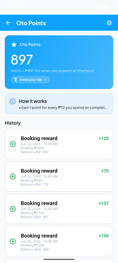 OtoPoints rewards screen