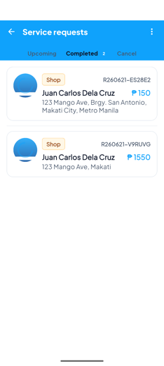 Service requests list with Upcoming, Completed and Cancel tabs and job cards