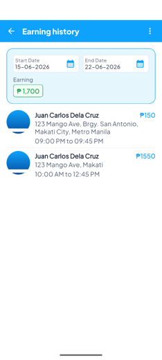 Earning history screen with a date range, total earning, and a list of paid jobs