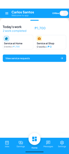 Worker home screen — Today's work, Service at Home and Service at Shop cards, View service requests, and the bottom navigation