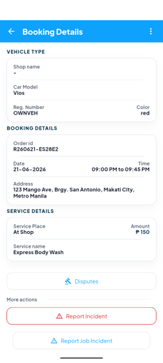Booking Details screen showing vehicle, booking and service information followed by action buttons