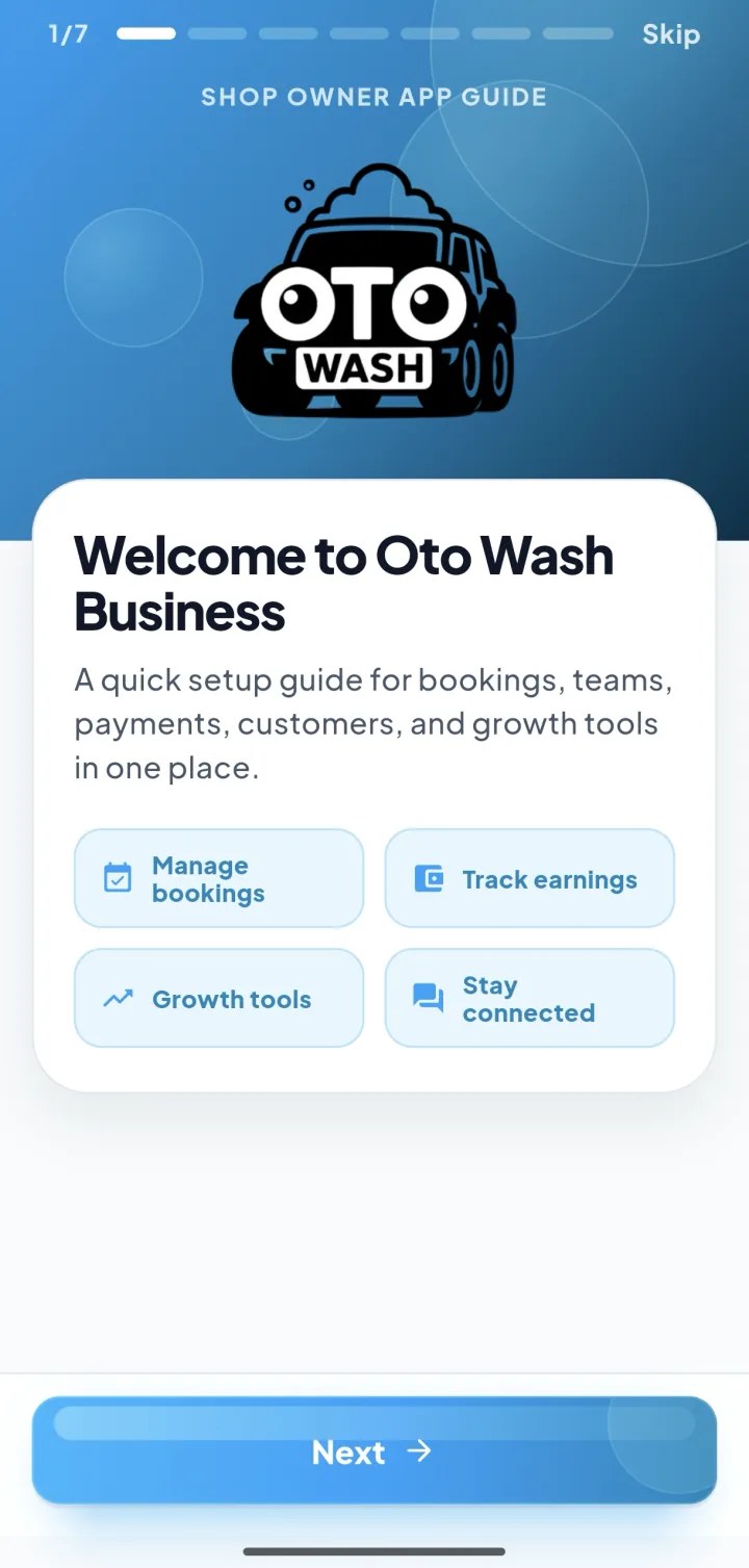 The OtoWash Shop app — bookings, teams, payments and growth tools in one place